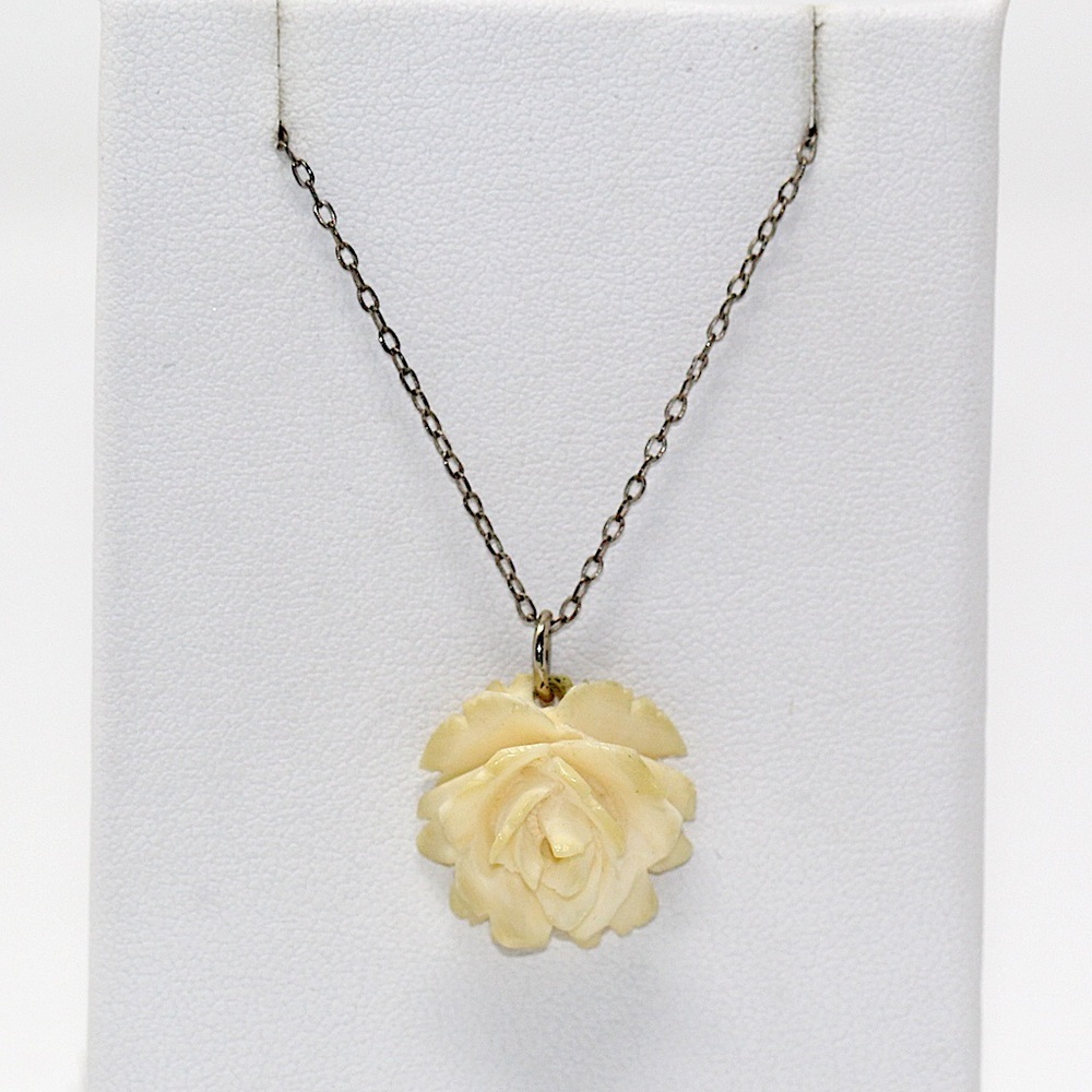 Sterling Silver ANTIQUE Celluloid Rose Flower Pendant Necklace 14.5 "